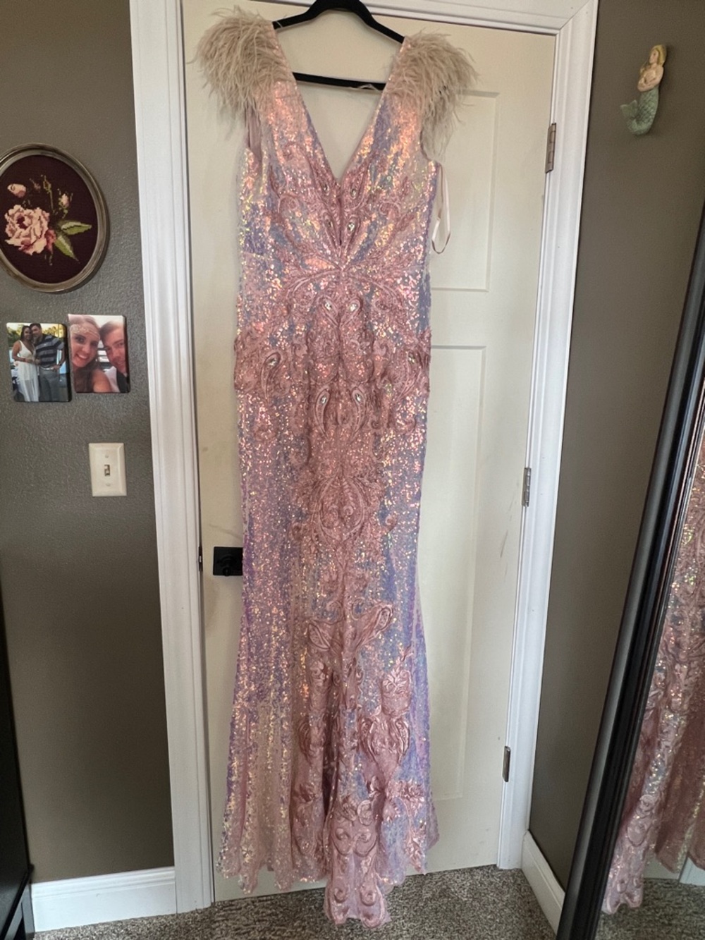 Portia & Scarlett Pink Blue Sequin Evening Gown with Feather Shoulders - Picture 9 of 16